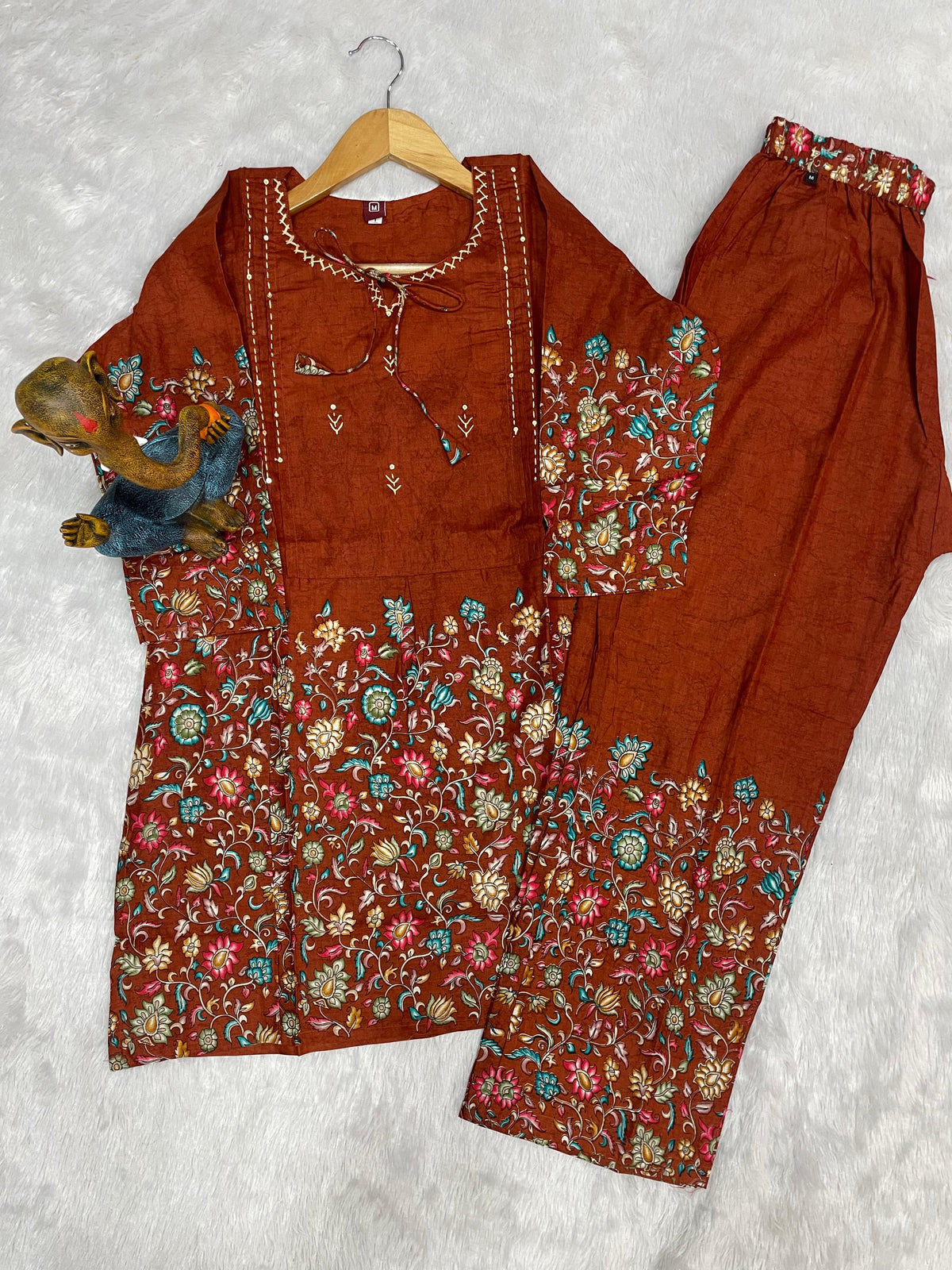 Elegant Rust Floral Printed Pure Cotton Co-Ord Set