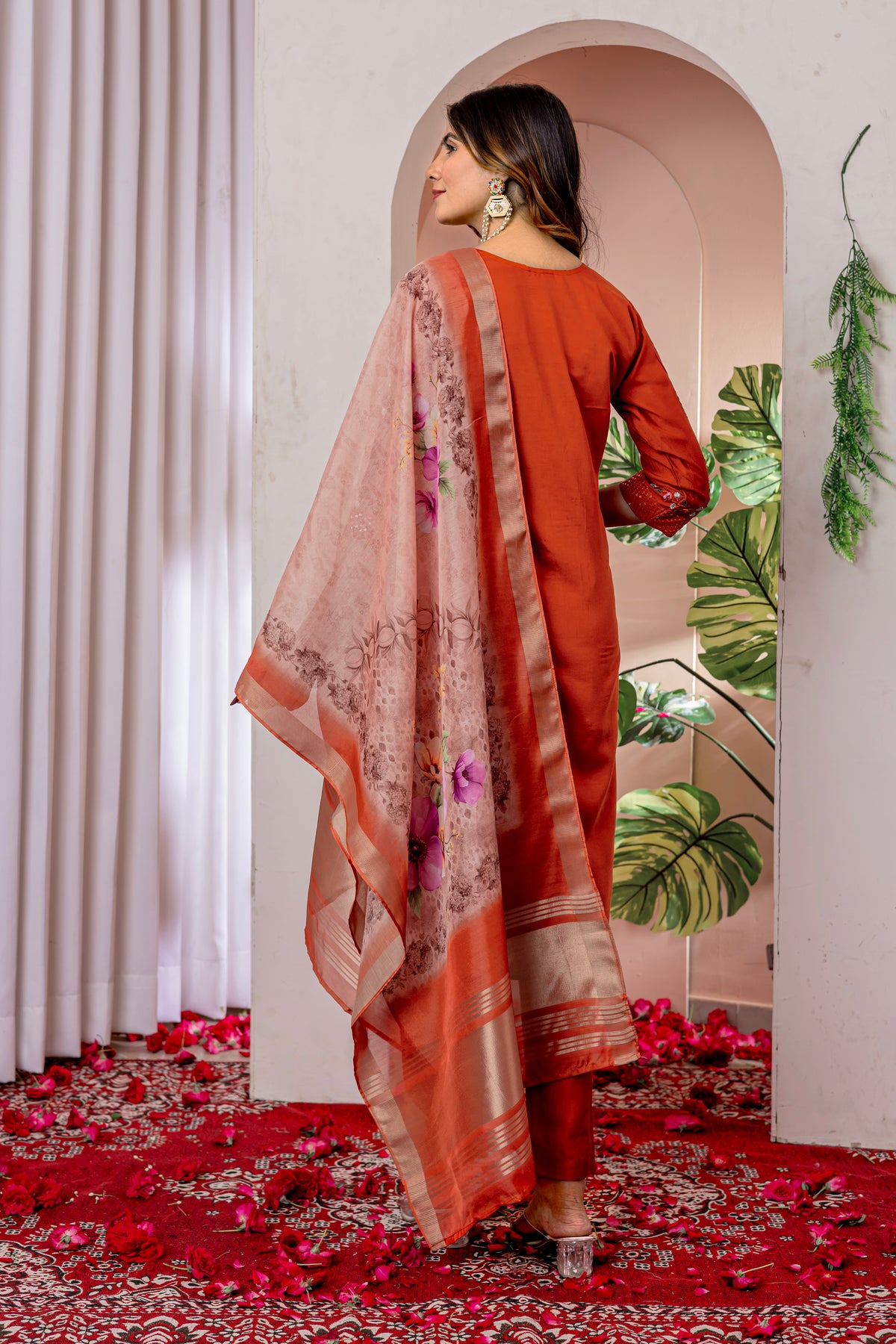 Elegant Orange Viscose Silk Embroidered Kurta Set