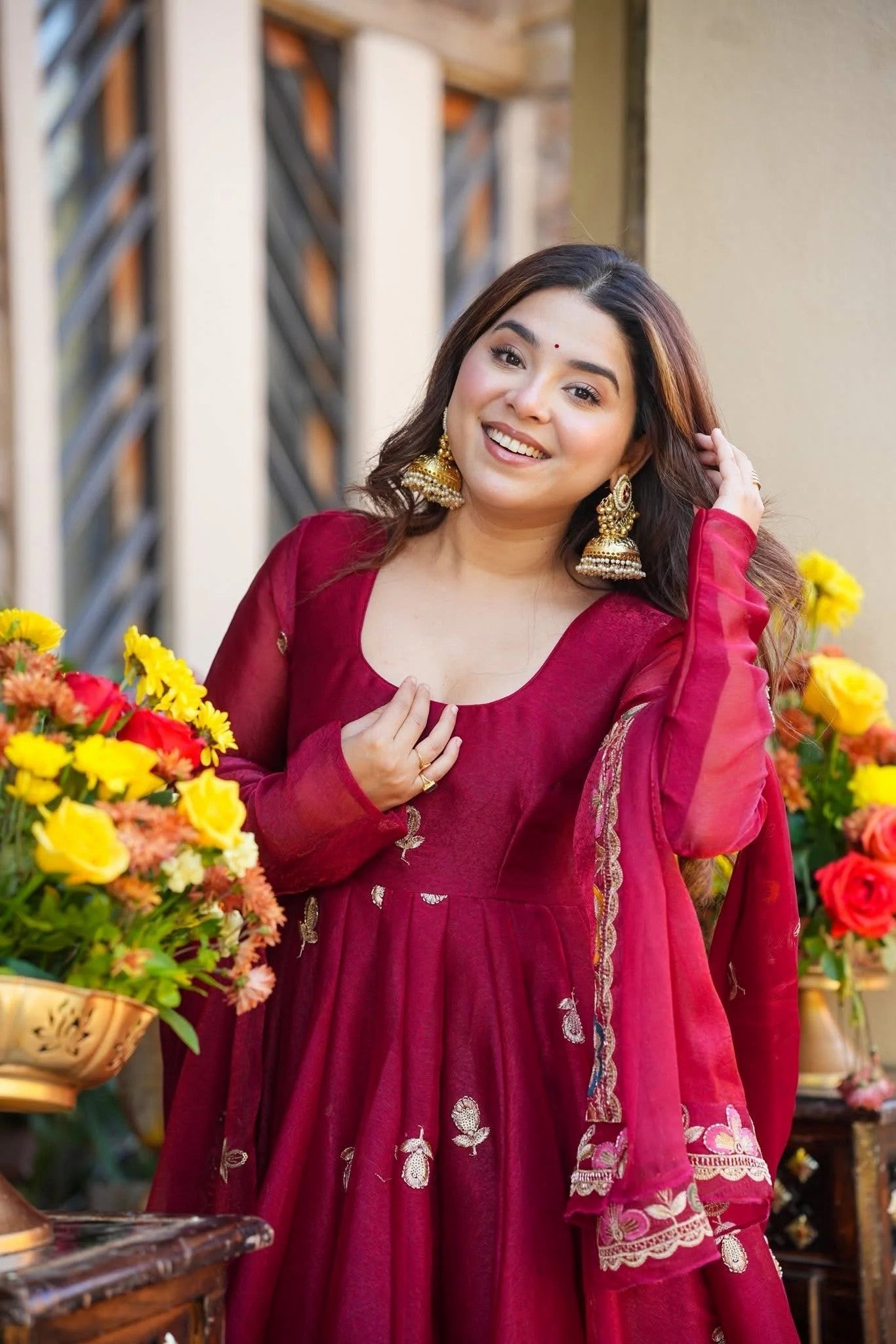 Wine Floral Embroidered Crunchy Silk Anarkali Suit Set