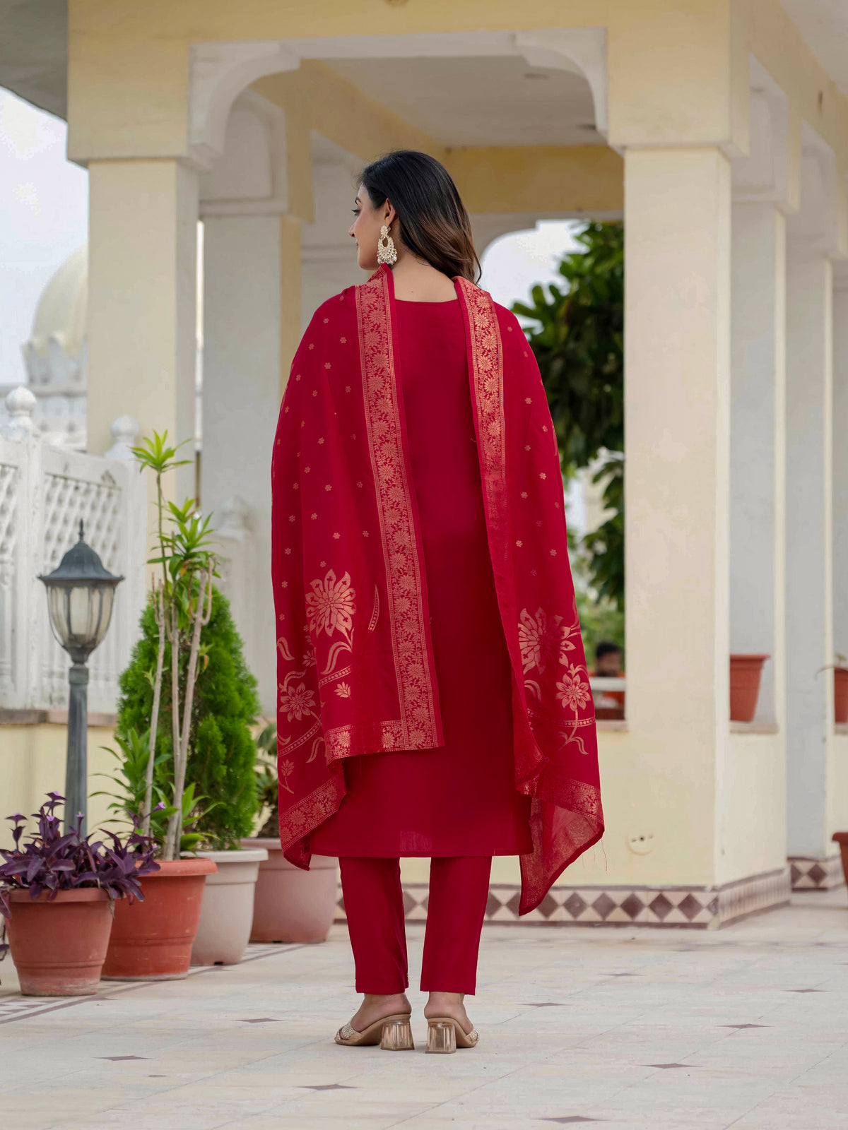 Luxury Maroon Premium Roman Silk Suit Set