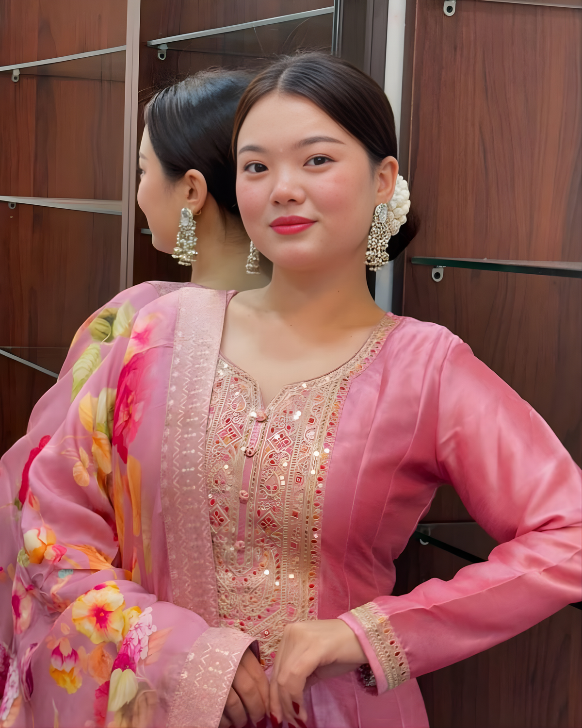 Blush Pink Anarkali Kurti Pant Dupatta Set