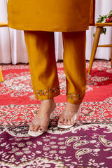 Elegant Mustard Viscose Silk Embroidered Kurta Set