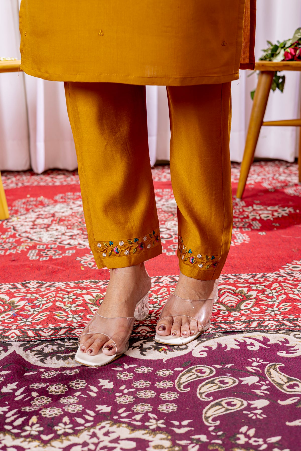 Elegant Mustard Viscose Silk Embroidered Kurta Set