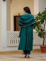 Teal Viscose Roman Silk Anarkali Kurti Pant Set