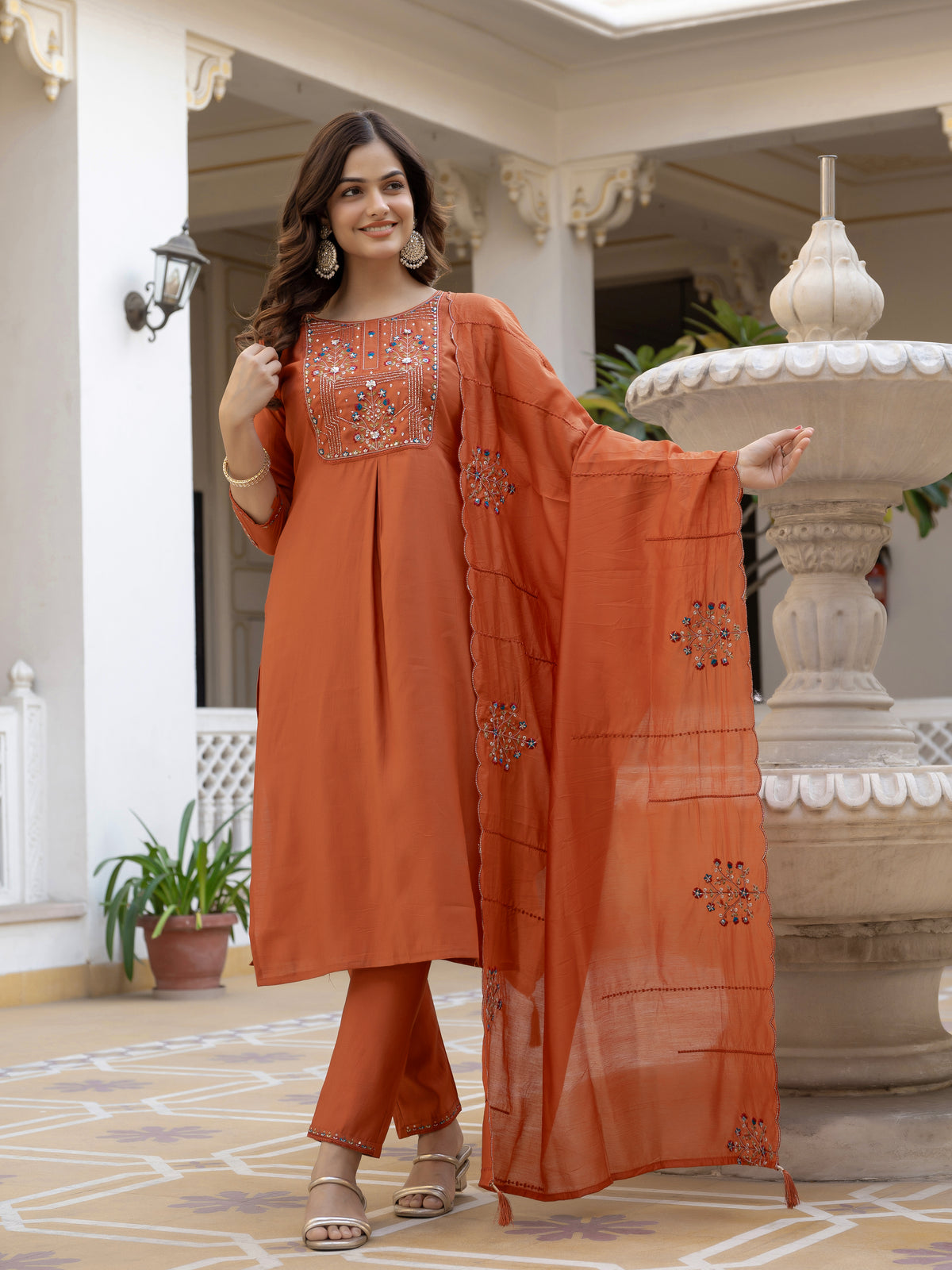 Rust Viscose Mango Silk Embroidered Kurti Set