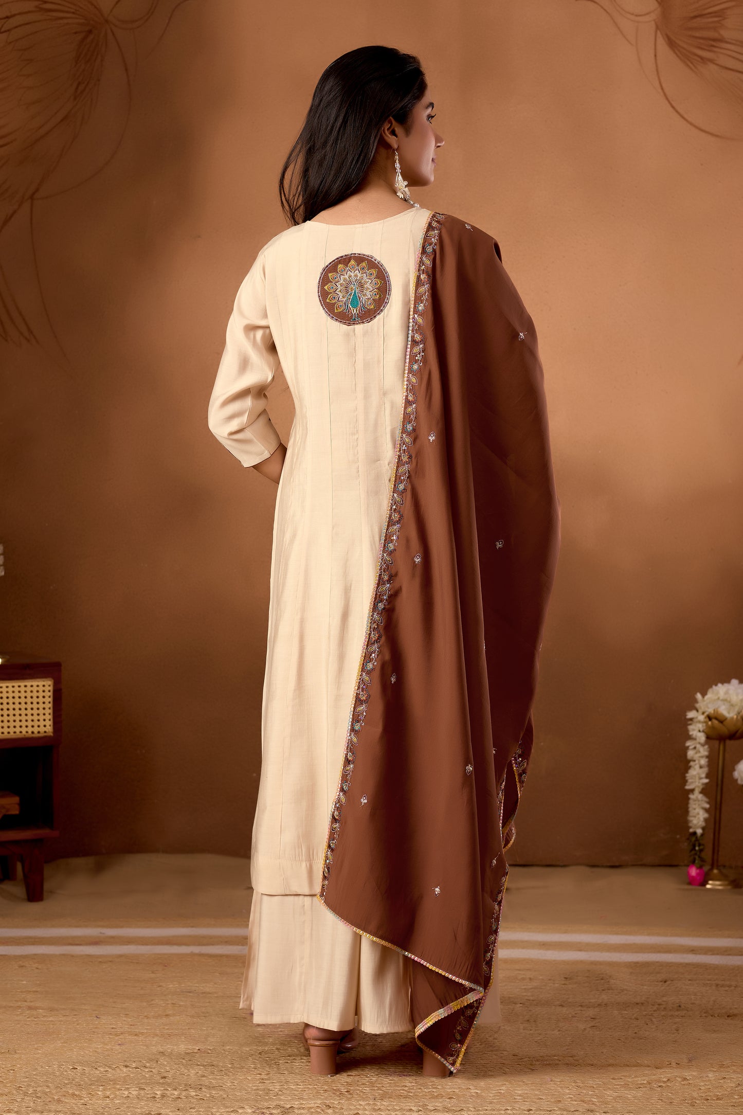 Elegant Cream Roman Silk Kurti Set