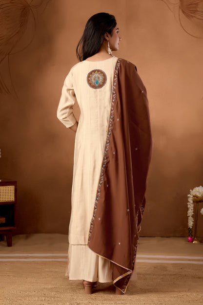 Elegant Cream Roman Silk Kurti Set