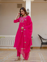 Pink Viscose Mango Silk Embroidered Kurti Set