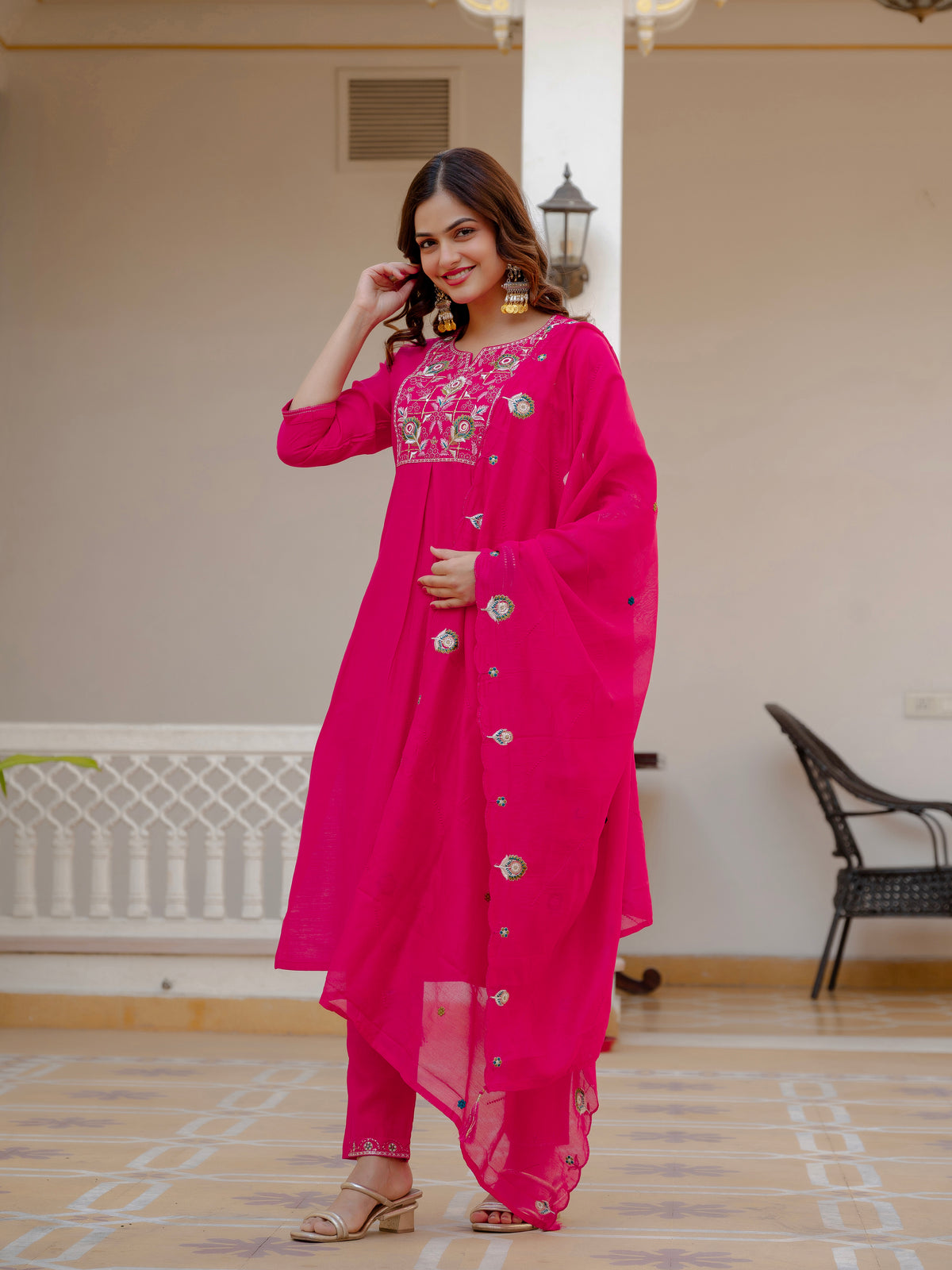 Pink Viscose Mango Silk Embroidered Kurti Set