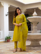 Yellow Viscose Mango Silk Embroidered Kurti Set
