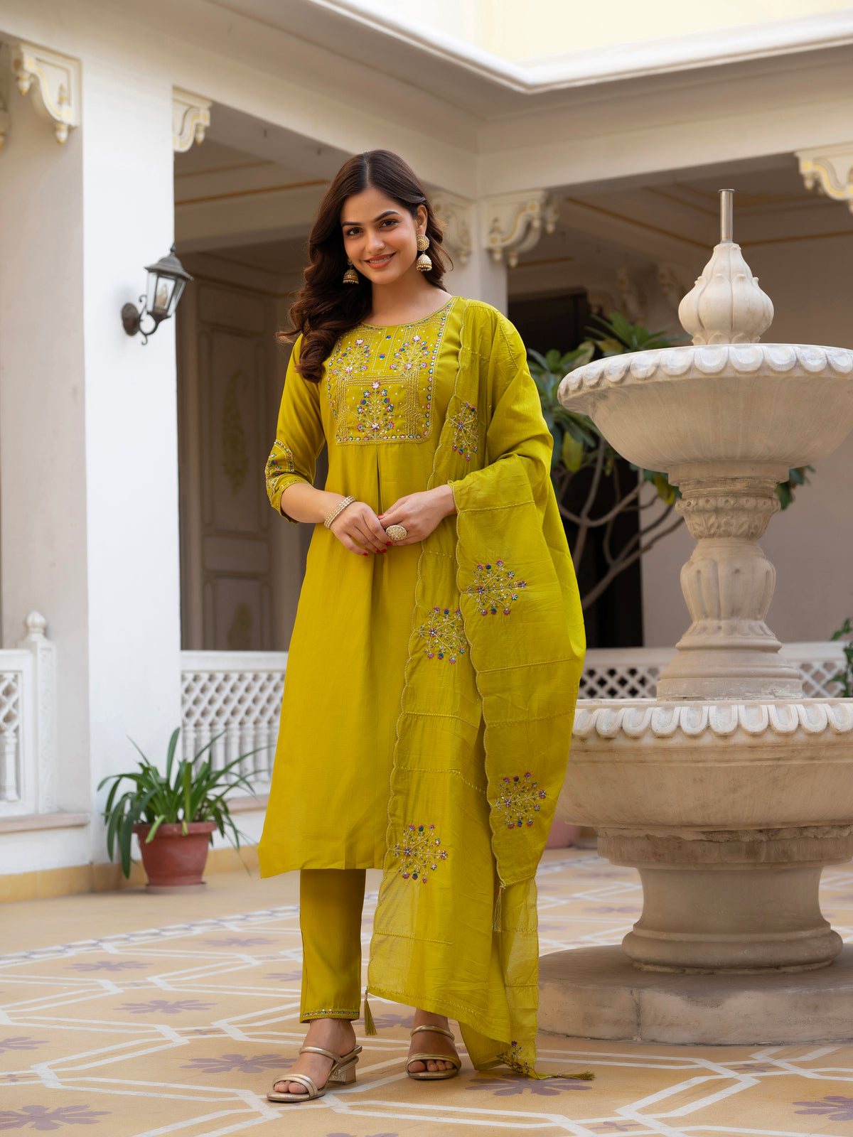 Yellow Viscose Mango Silk Embroidered Kurti Set