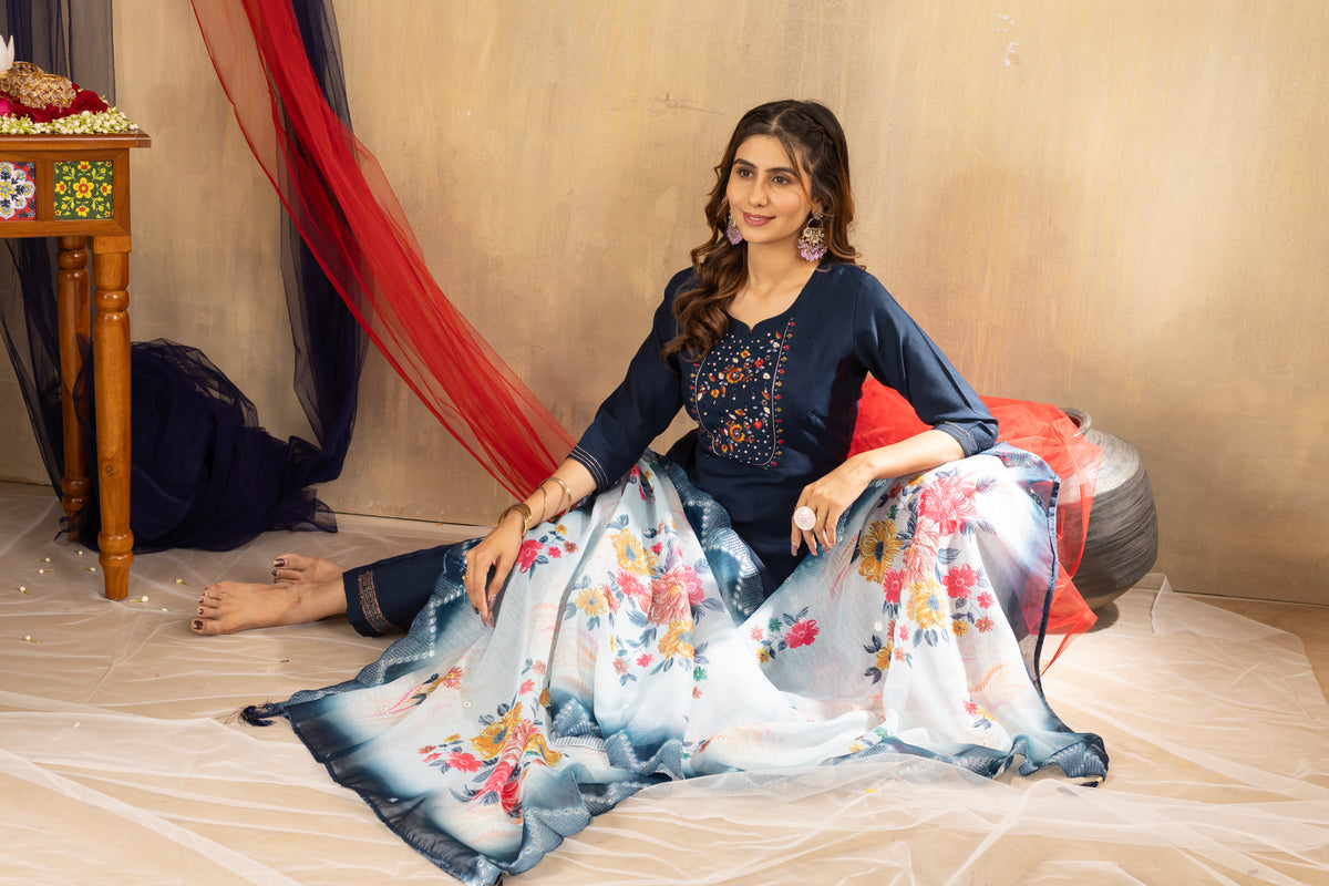 Navy Blue Viscose Silk Multi Embroidered Suit Set