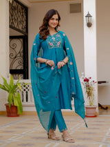 Firozi Viscose Mango Silk Embroidered Kurti Set