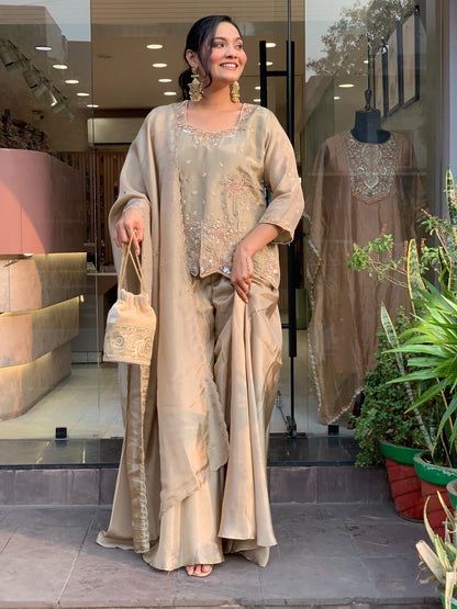 Champagne Embroidered Silk Palazzo Suit Set