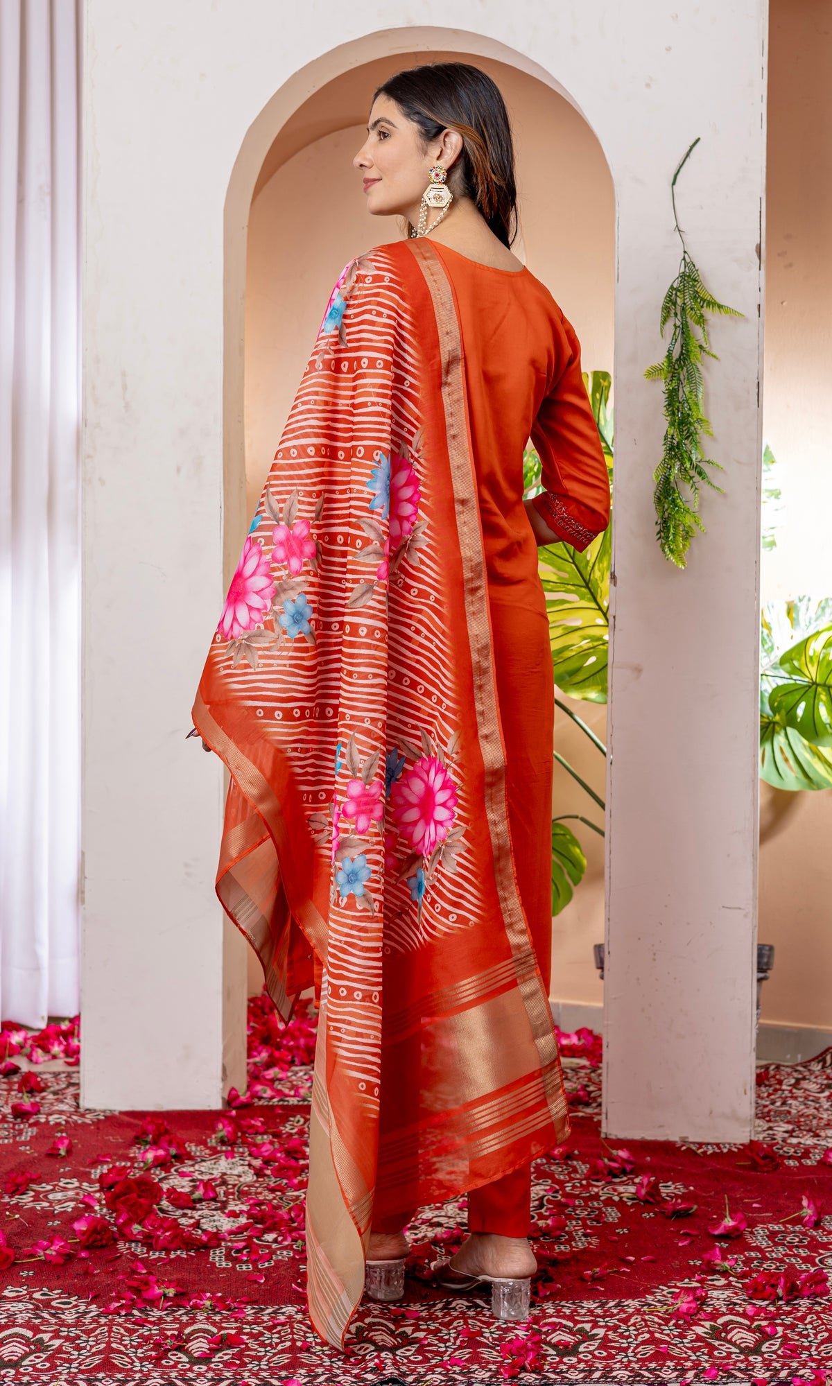 Orange Marina Viscose Silk Multi Embroidered Suit Set