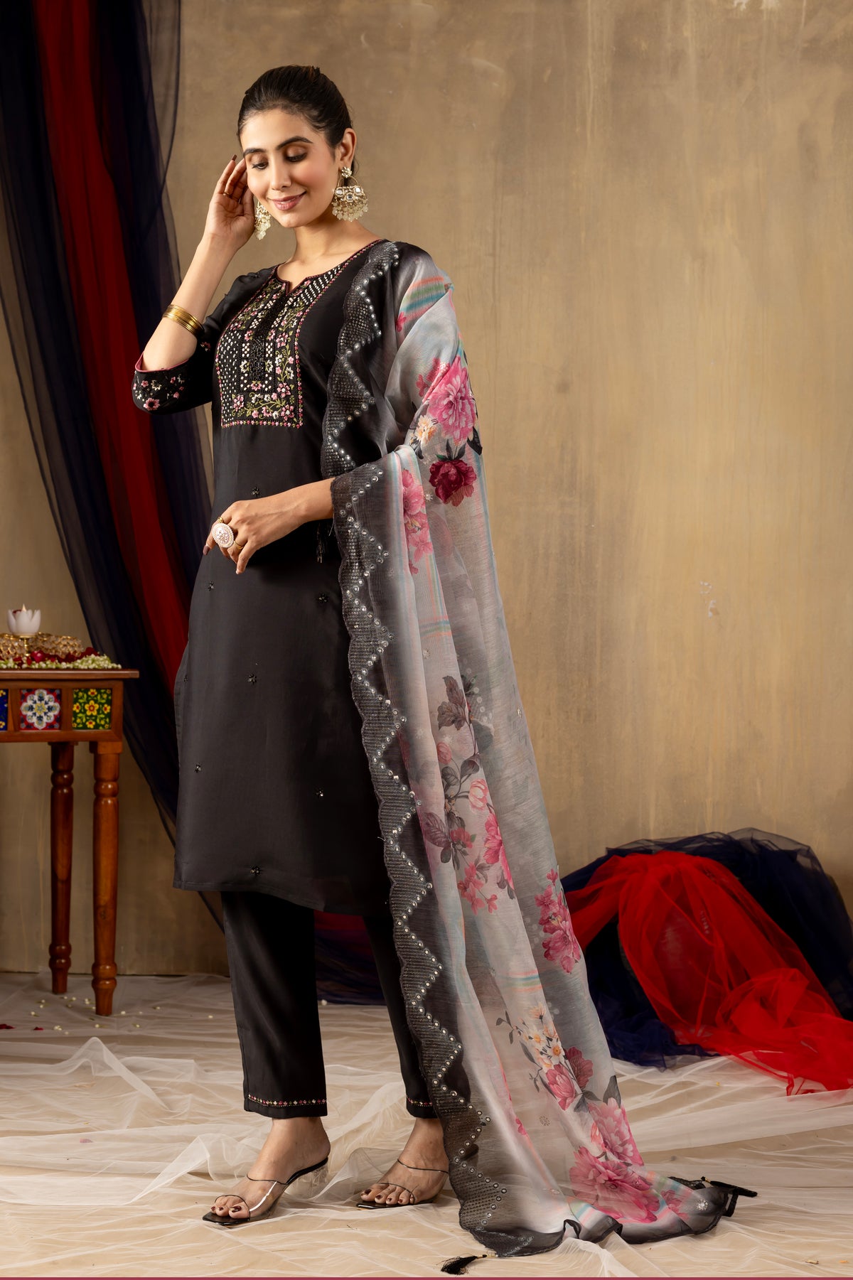 Black Roman Silk Multi Embroidered Suit Set