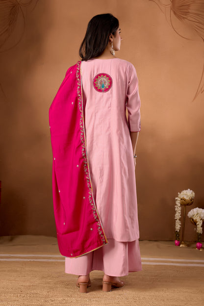 Elegant Pink Roman Silk Kurti Set
