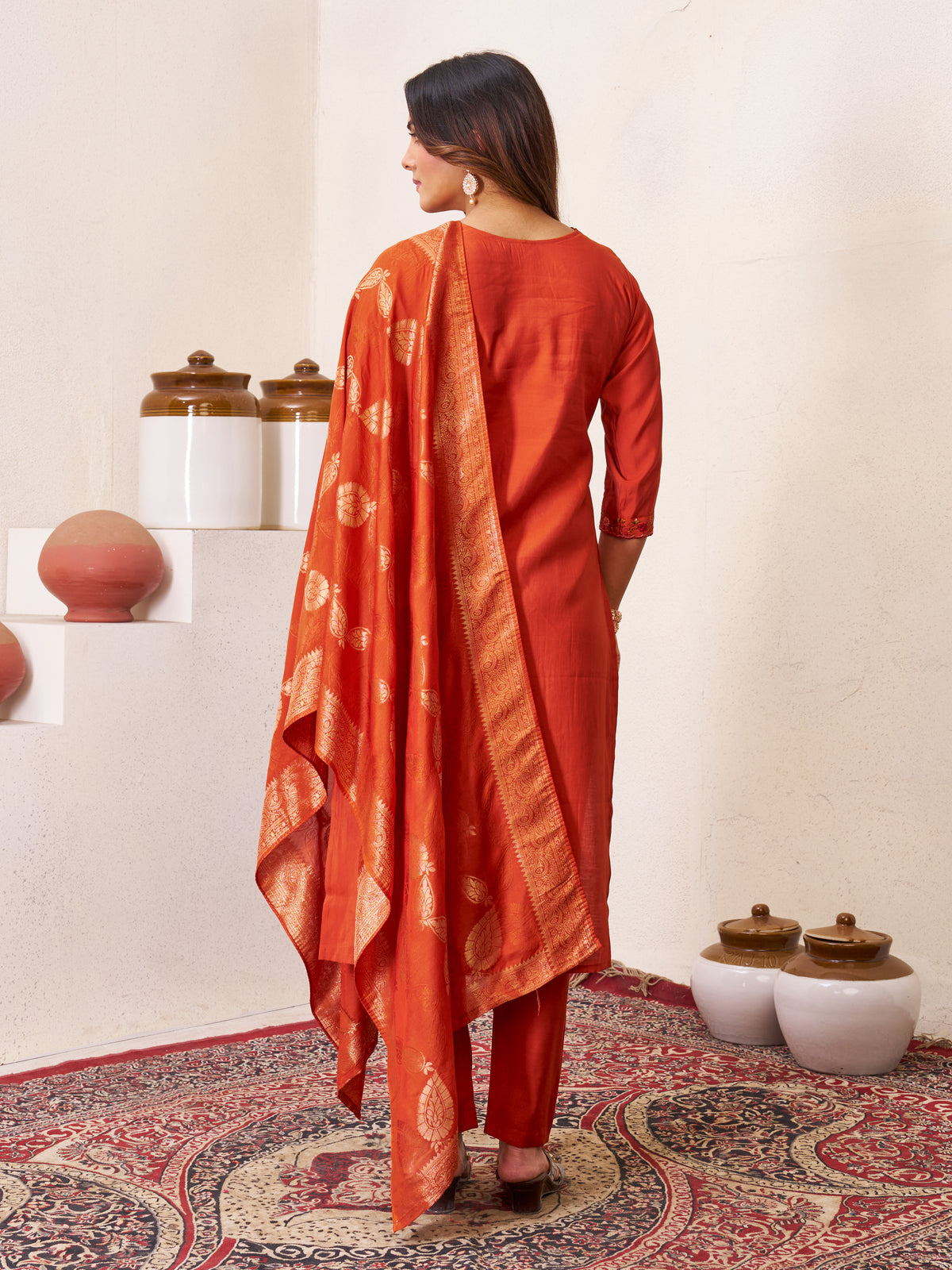 Rust Orange Roman Silk Embroidered Kurti Pant Dupatta Set