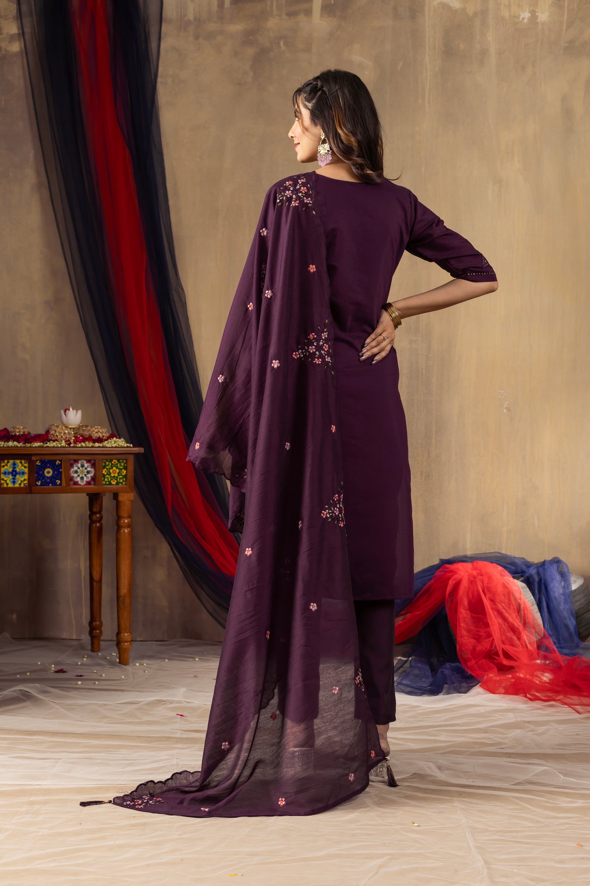 Wine Roman Silk Multi Embroidered Suit Set