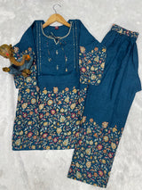 Elegant Teal Blue Floral Printed Pure Cotton Co-Ord Set