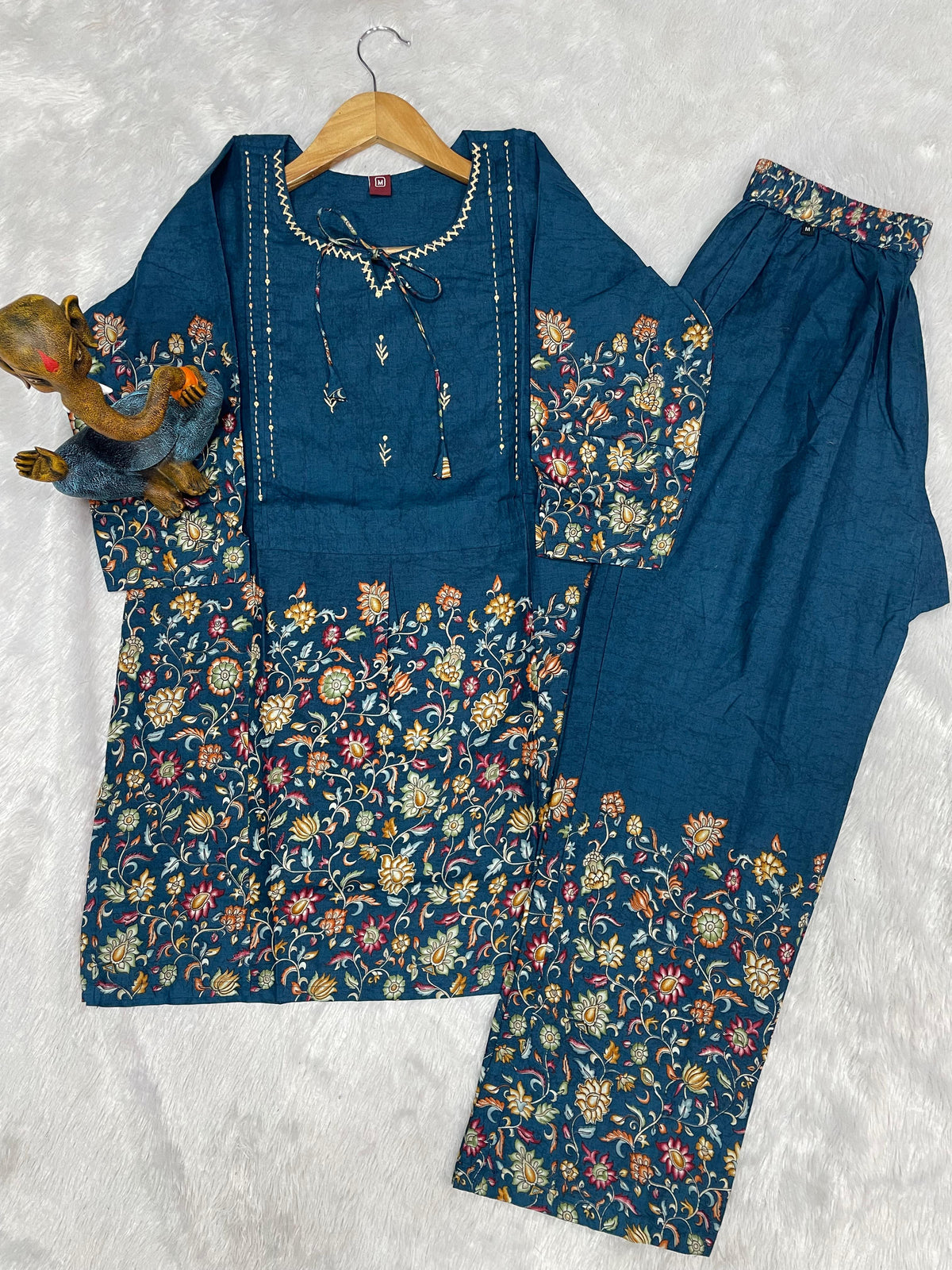 Elegant Teal Blue Floral Printed Pure Cotton Co-Ord Set