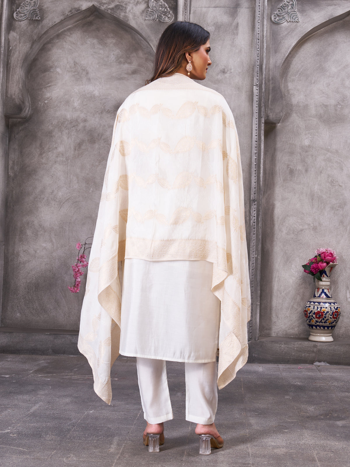 Off White Roman Silk Embroidered Kurti Pant Dupatta Set