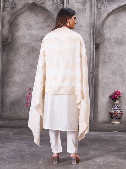 Off White Roman Silk Embroidered Kurti Pant Dupatta Set