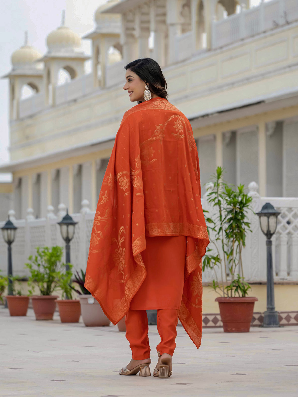 Luxury Orange Premium Roman Silk Suit Set