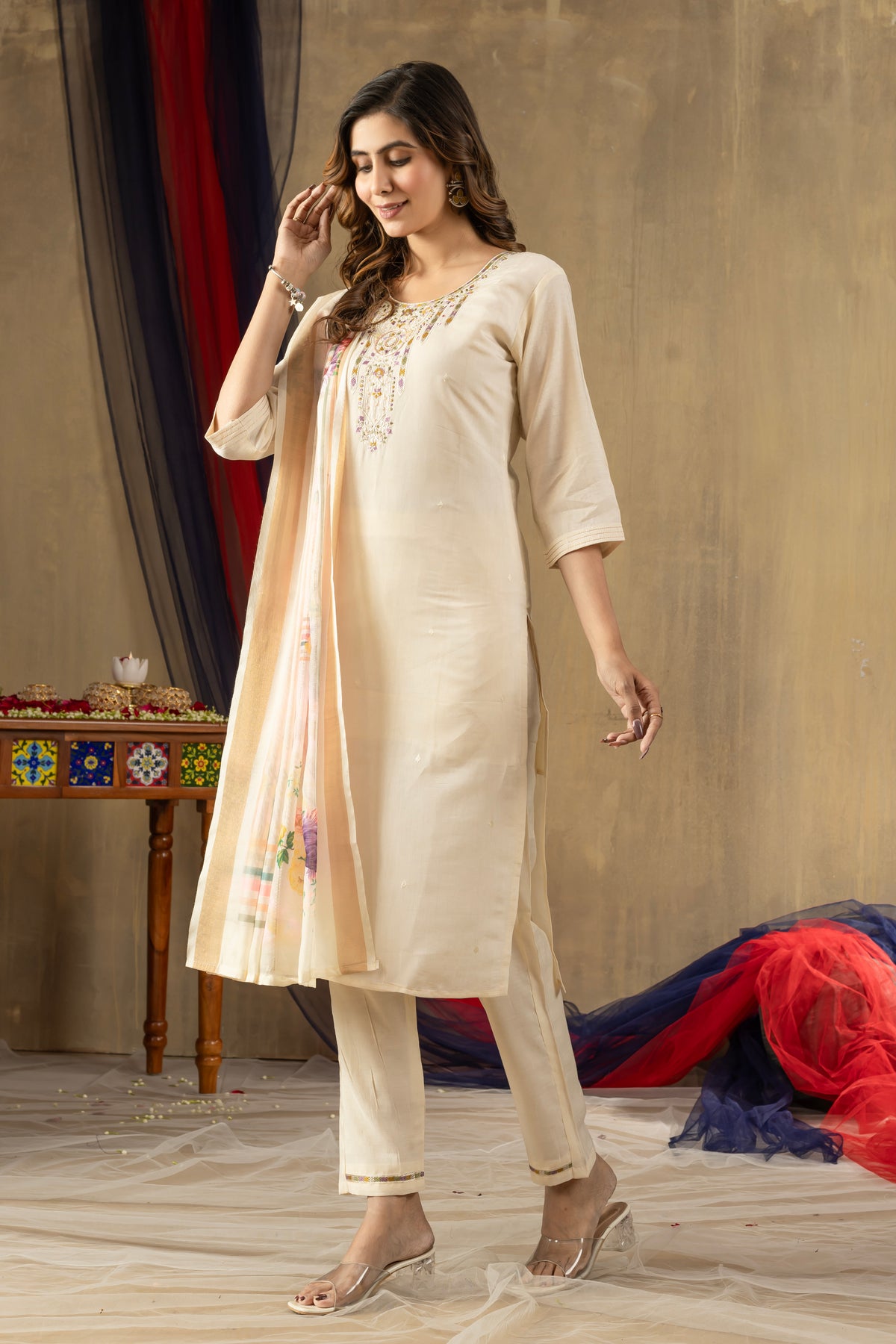 Off White Shimmer Gold Silk Multi Embroidered Suit Set