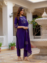 Violet Viscose Mango Silk Embroidered Kurti Set