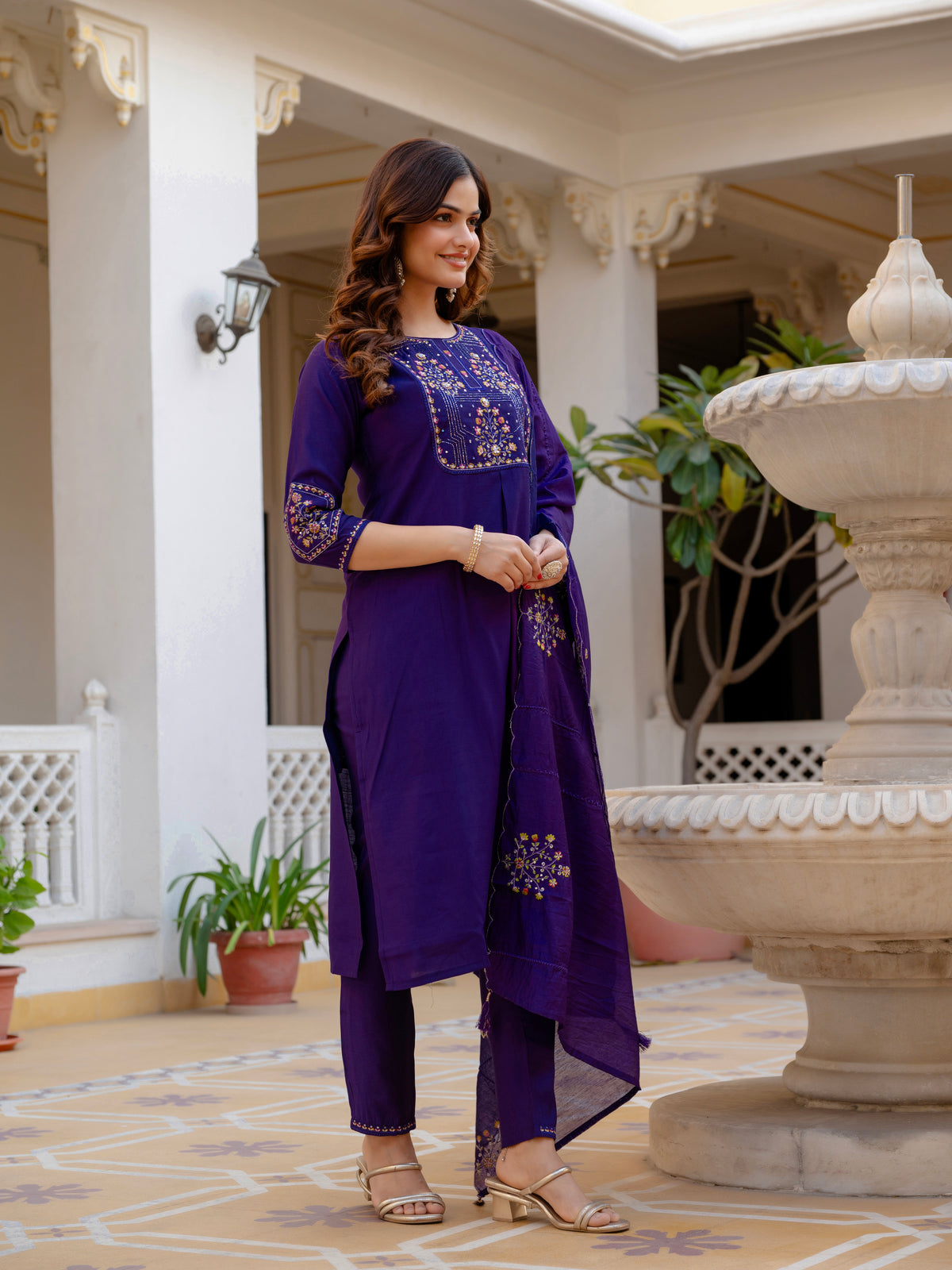 Violet Viscose Mango Silk Embroidered Kurti Set