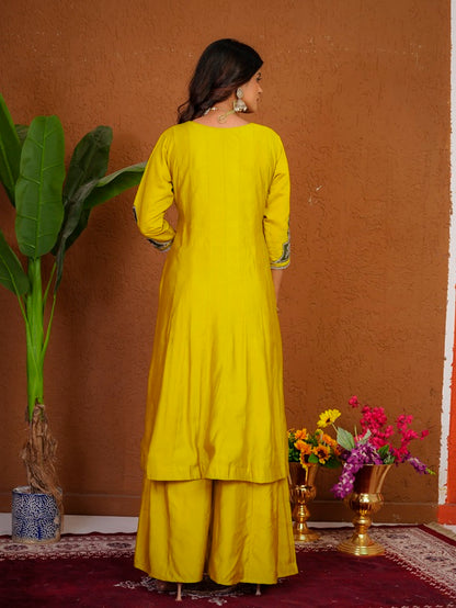 Yellow Roman Silk Anarkali Kurti Set