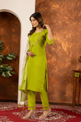 Parrot Green Marina Silk Multi Embroidered Suit Set