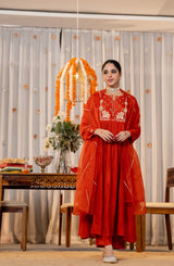 Orange Chanderi Silk Embroidered Suit Set