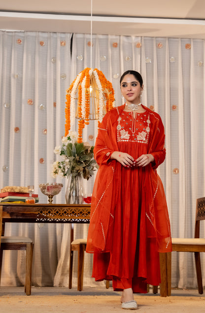 Orange Chanderi Silk Embroidered Suit Set