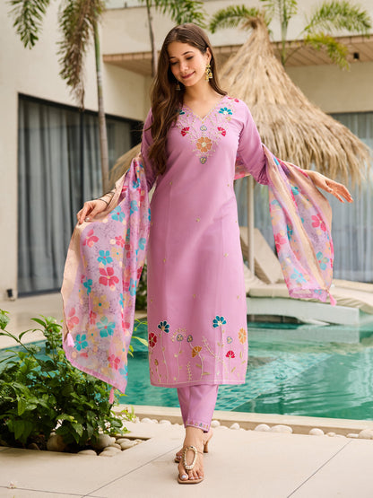 Baby Pink Viscose Gadhwal Embroidered Kurta Pant Dupatta Set