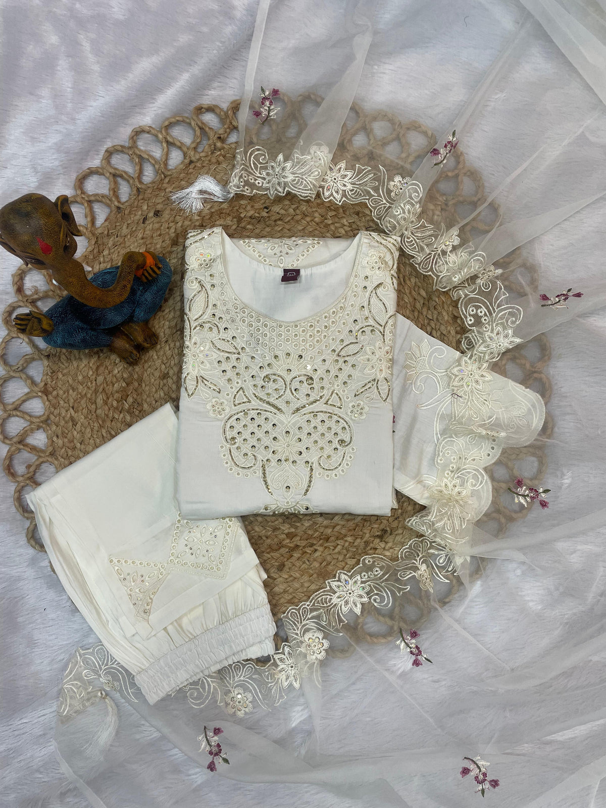 White Heavy Viscose Roman Silk Embroidered Kurti Pant Dupatta Set