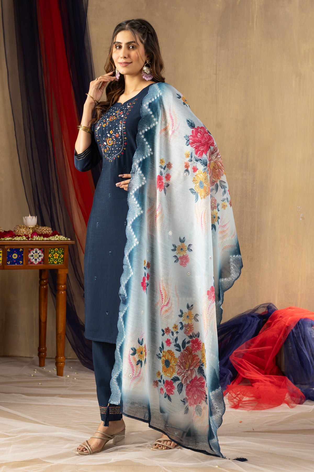 Navy Blue Viscose Silk Multi Embroidered Suit Set