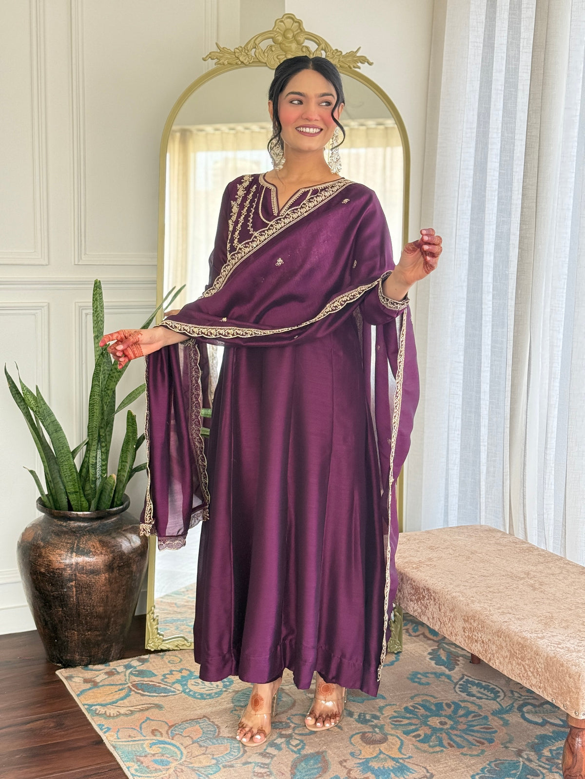 Wine Embroidered Anarkali Suit Set