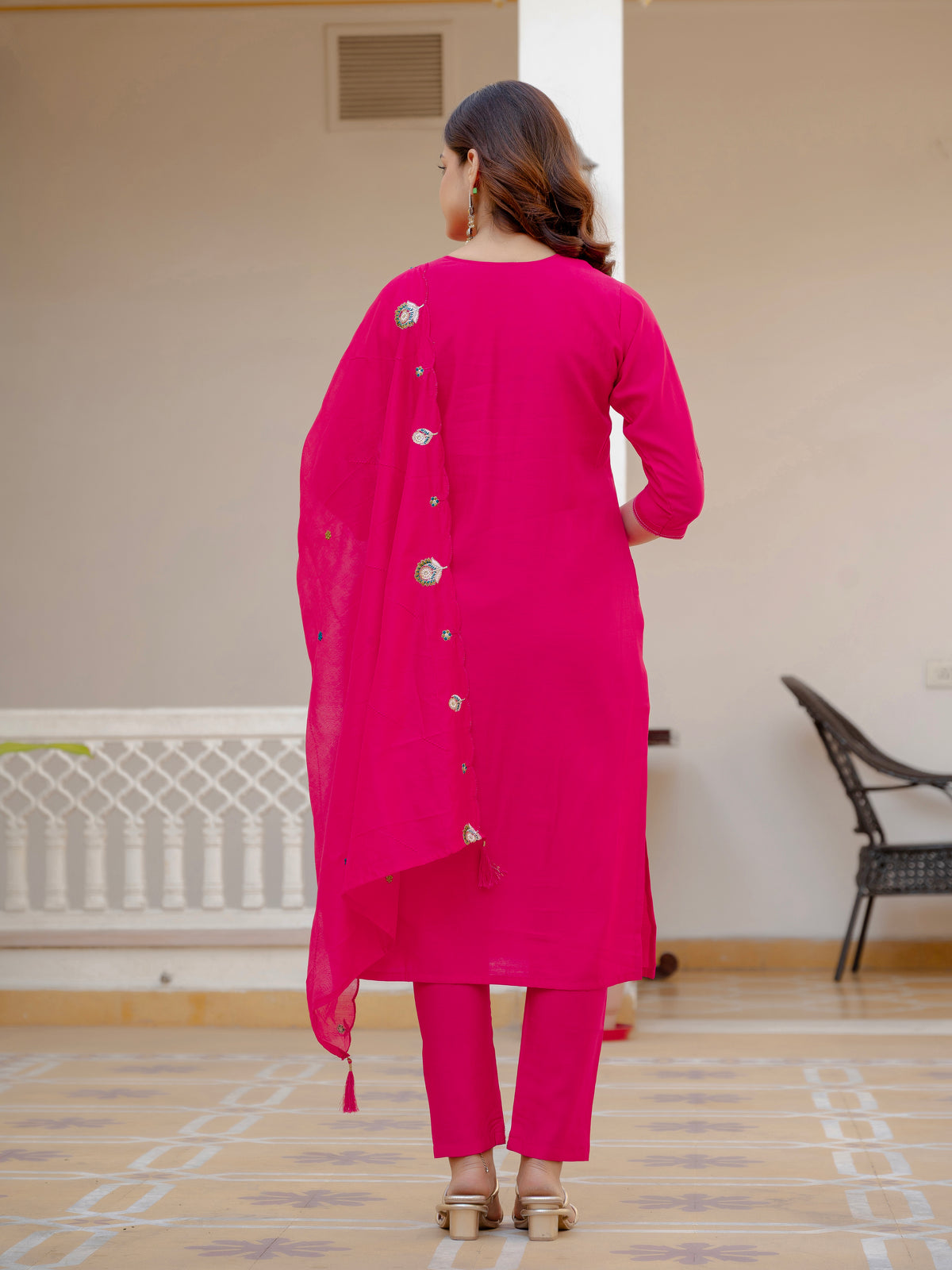 Pink Viscose Mango Silk Embroidered Kurti Set