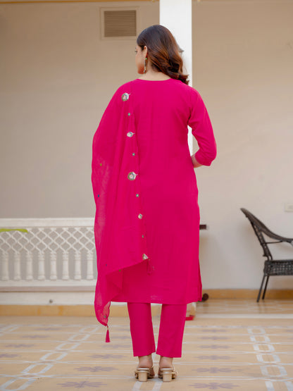 Pink Viscose Mango Silk Embroidered Kurti Set