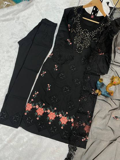 Black Heavy Viscose Roman Silk Embroidered Kurti Pant Dupatta Set