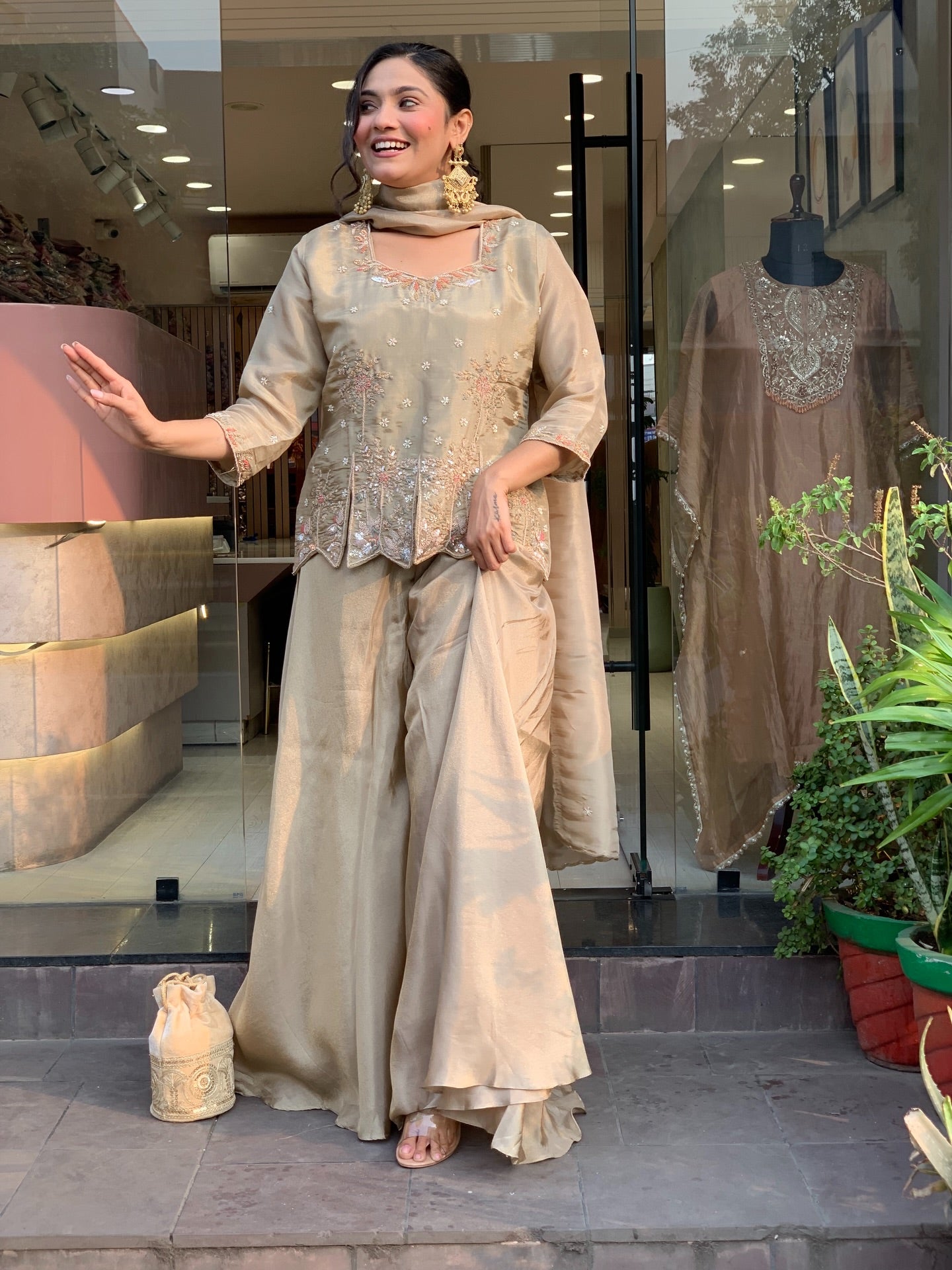Champagne Embroidered Silk Palazzo Suit Set