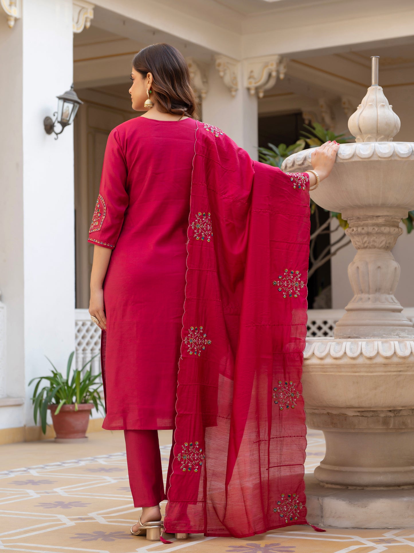 Pink Viscose Mango Silk Embroidered Kurti Set