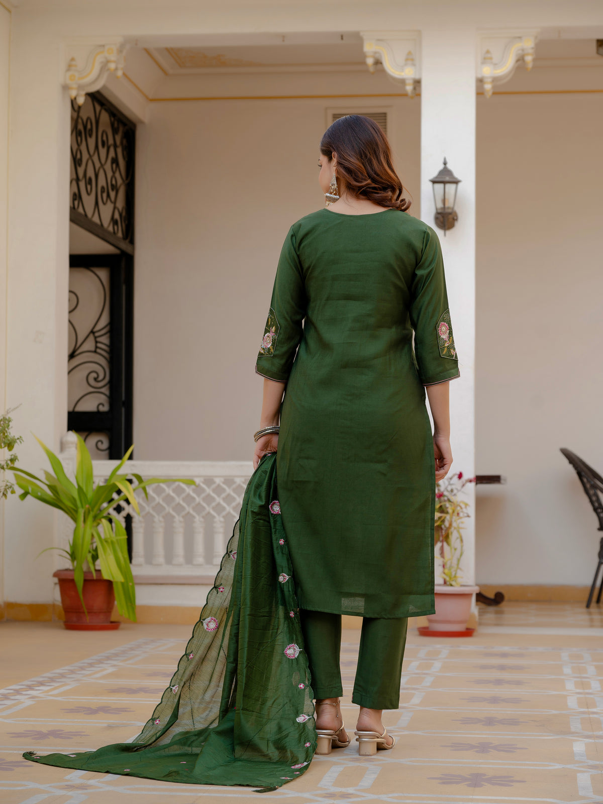 Green Viscose Mango Silk Embroidered Kurti Set