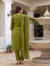 Mehndi Green Viscose Mango Silk Embroidered Kurti Set