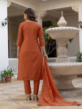 Rust Viscose Mango Silk Embroidered Kurti Set