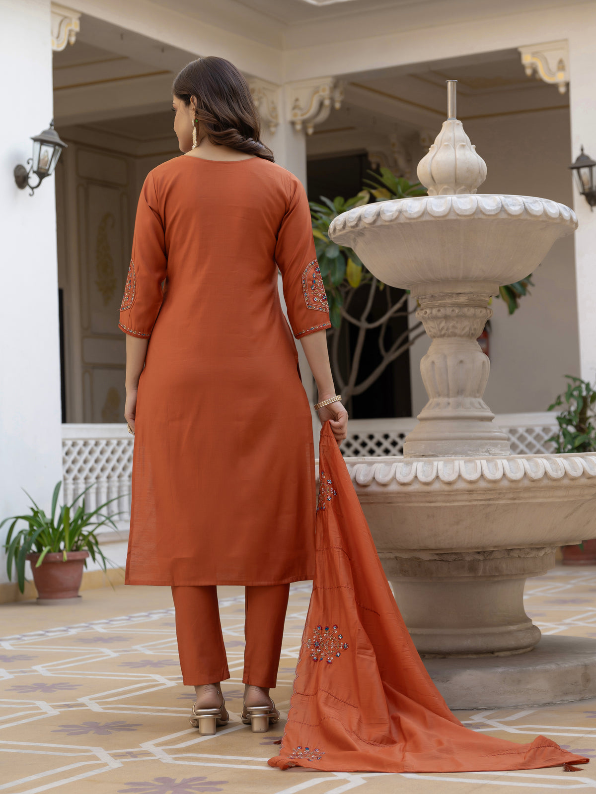 Rust Viscose Mango Silk Embroidered Kurti Set