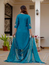 Firozi Viscose Mango Silk Embroidered Kurti Set