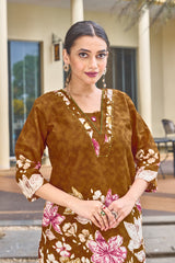 Trendy Brown Pure Cotton Floral Co-ords Set